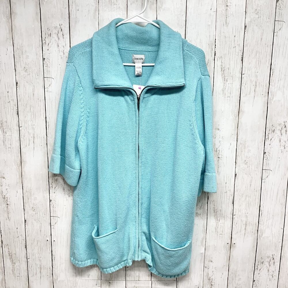 Chico's Sweater Women Size 3 XL(16) Blue Collared Short Sleeve Full Zip Cardigan